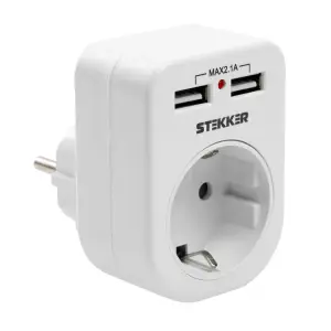 Переходник с заземлением (+ 2 USB 2,1А), 250В, 16A, белый ADP16-24-20, STEKKER